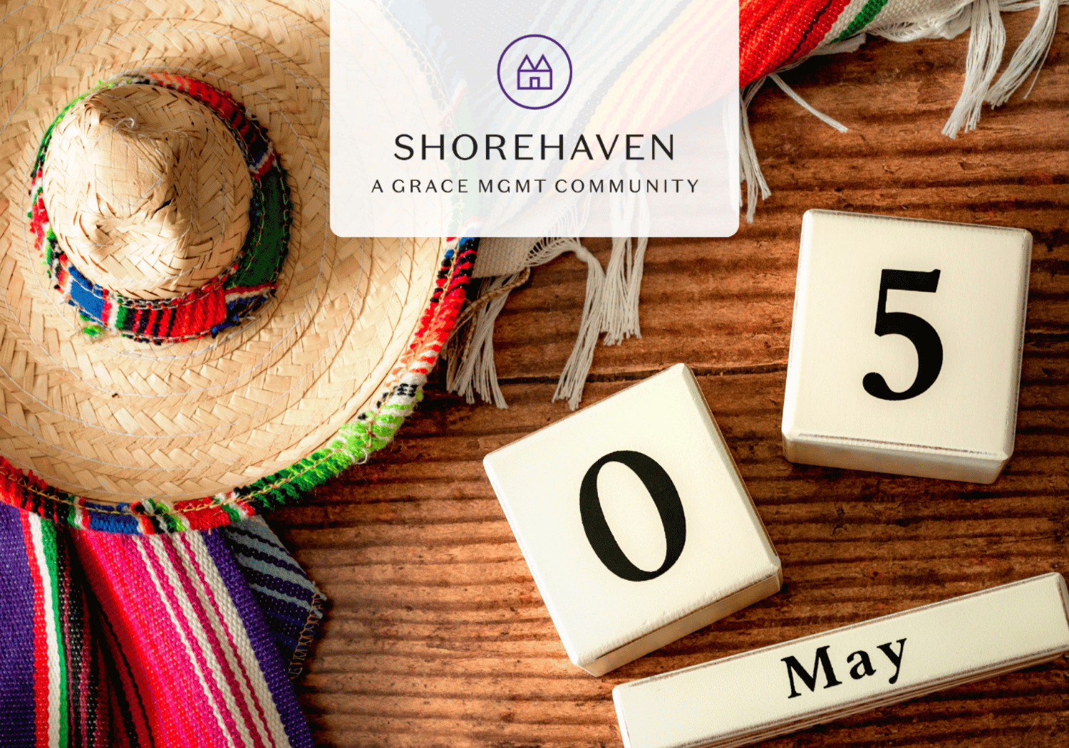 Cinco de Mayo-themed desk scene with a woven straw hat and calendar blocks showing May 5, overlaid with Shorehaven logo in the center