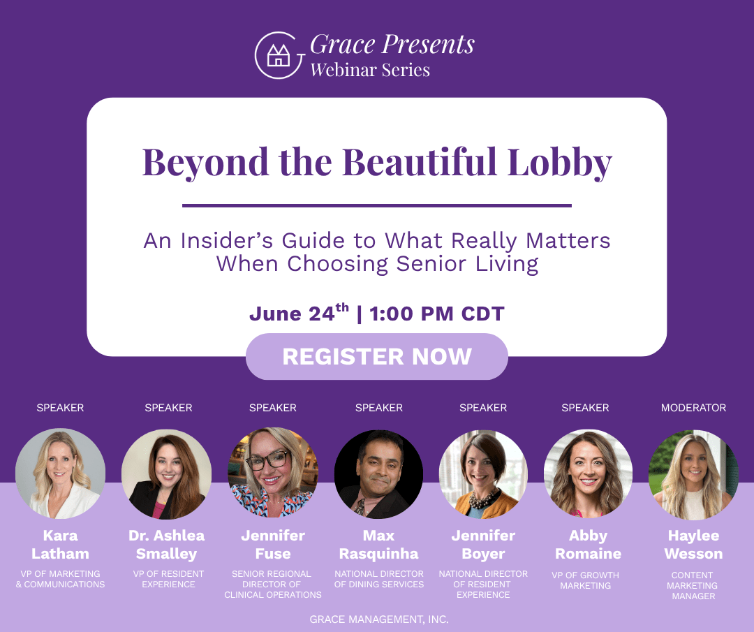 Promotional banner for Grace Presents: 'Beyond the Beautiful Lobby' webinar with date June 24, 1:00 PM CDT and a 'REGISTER NOW' button; headshots and titles of seven speakers and a moderator.